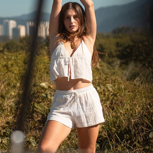Women Clothing Casual Shorts Two Piece Sling Cotton Linen Texture Lace up Solid Color Loose Vacation Set