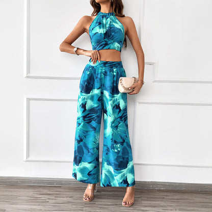 Spring Summer Casual Commuting Vacation Contrast Color Halter Top Wide Leg Pants Set Women