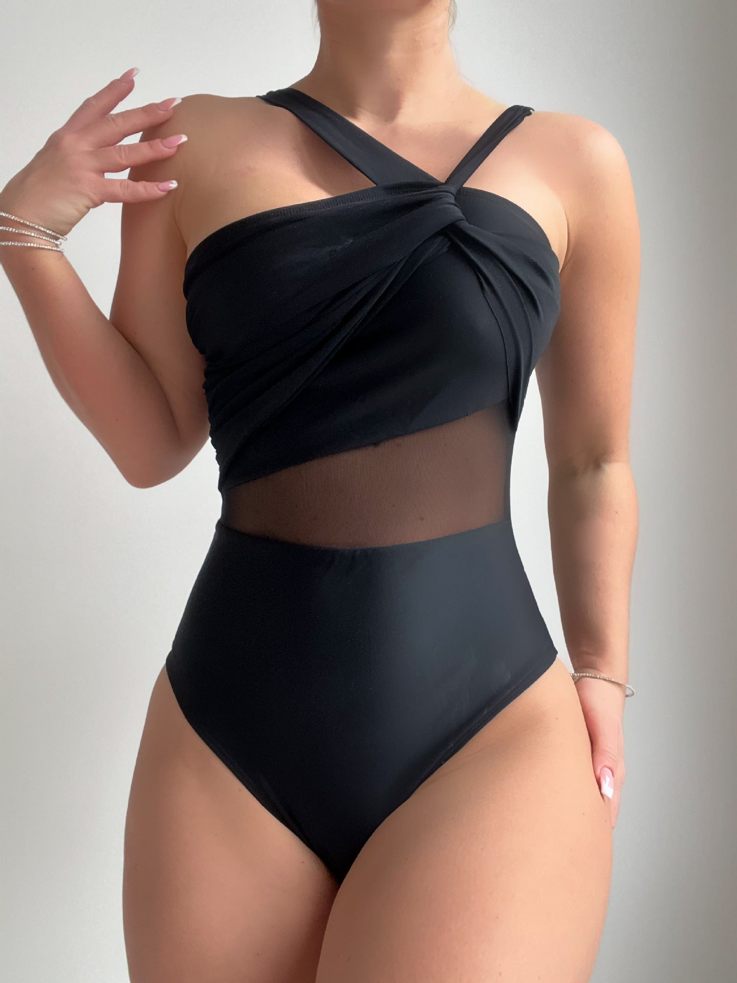 Solid Color Irregular Asymmetric Shoulder Strap Net Stitching One Piece Swimsuit