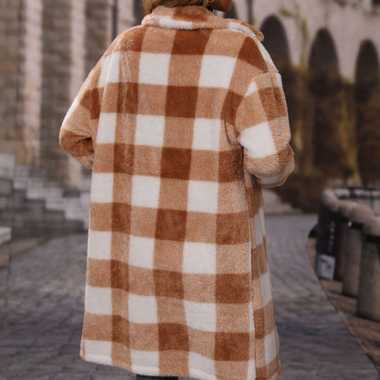 Fall Women Collared Long Sleeve Loose Plaid Single Breasted Long Plush Casual Coat