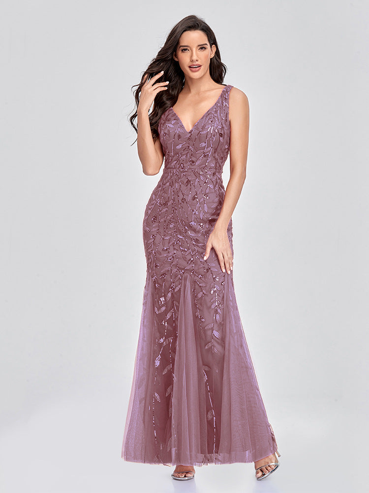 Evening Dress V neck Tulle Embroidered Sequ Sexy Mermaid Prom Dress Women Formal Dress