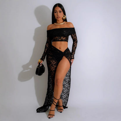 Sexy Tube Top Lace Suit Skirt Autumn Long Sleeve Pleated High Slit Women Skirt