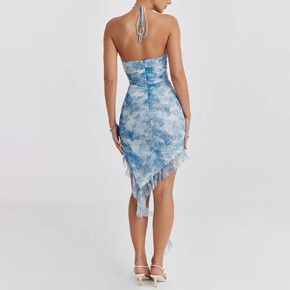 Dress Halter Backless Printing Dress Sexy Slim Fit Dress