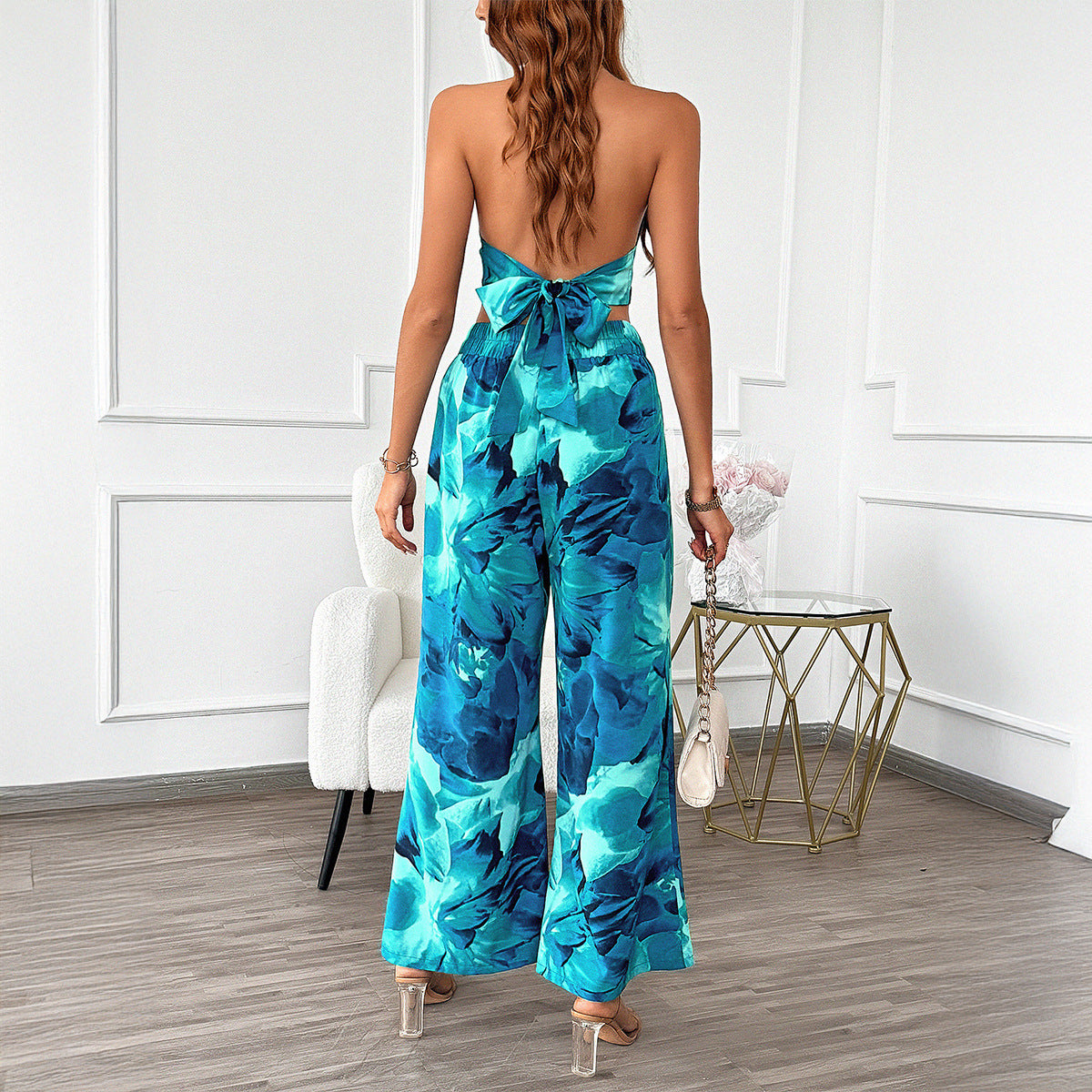 Spring Summer Casual Commuting Vacation Contrast Color Halter Top Wide Leg Pants Set Women