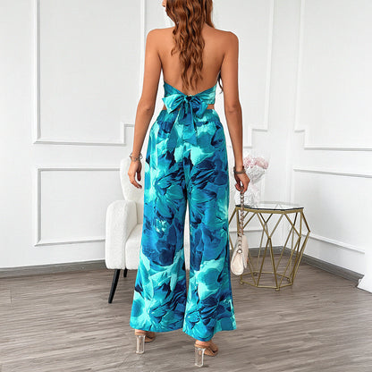 Spring Summer Casual Commuting Vacation Contrast Color Halter Top Wide Leg Pants Set Women
