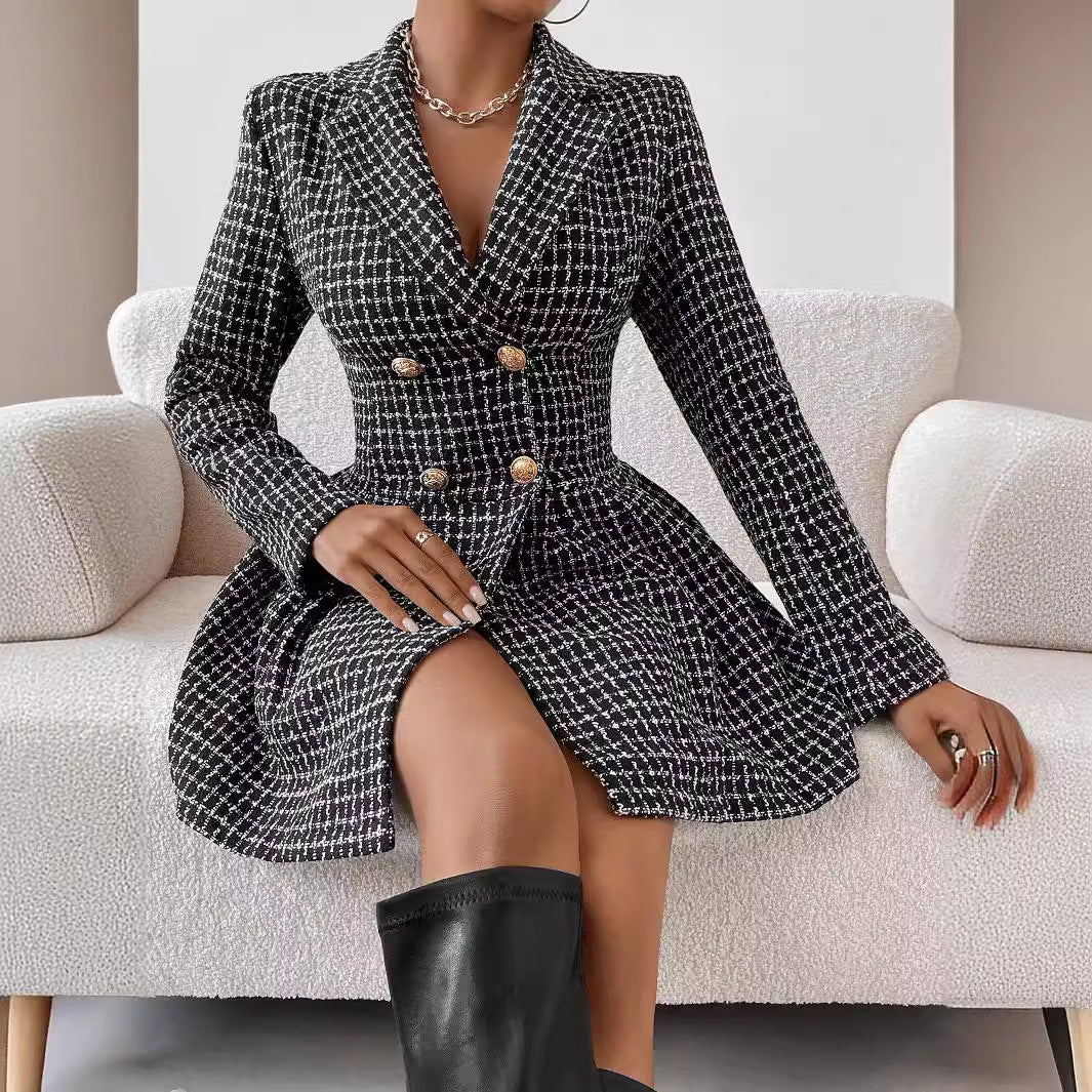 Women Clothing Winter Plaid Office V Neck Long Sleeve Dress Coat