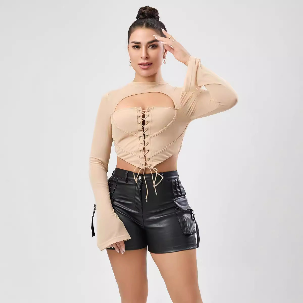 Sexy Women Autumn Solid Color Casual Backless Half High Collar Long Sleeves Strap Mesh Slim Fit Short Top