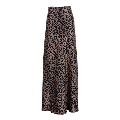 Women Clothing Satin Draping Skirt Leopard Print Sexy Sheath Fishtail Skirt Floor Length Dress