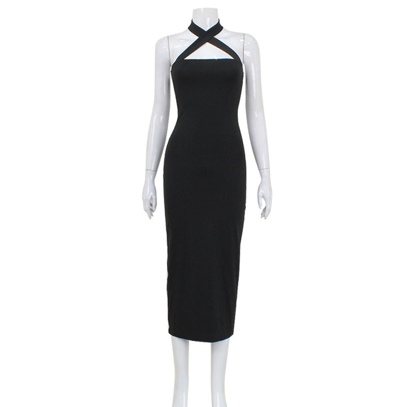 Spring Autumn Women Clothing Sexy Slim Halter Lace Up Tube Top Dress Solid Color Sheath Maxi Dress
