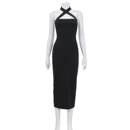 Spring Autumn Women Clothing Sexy Slim Halter Lace Up Tube Top Dress Solid Color Sheath Maxi Dress