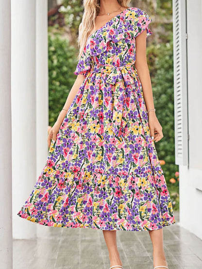 Summer Women Clothing Printed Oblique Shoulder Ruffles Sleeveless Dress