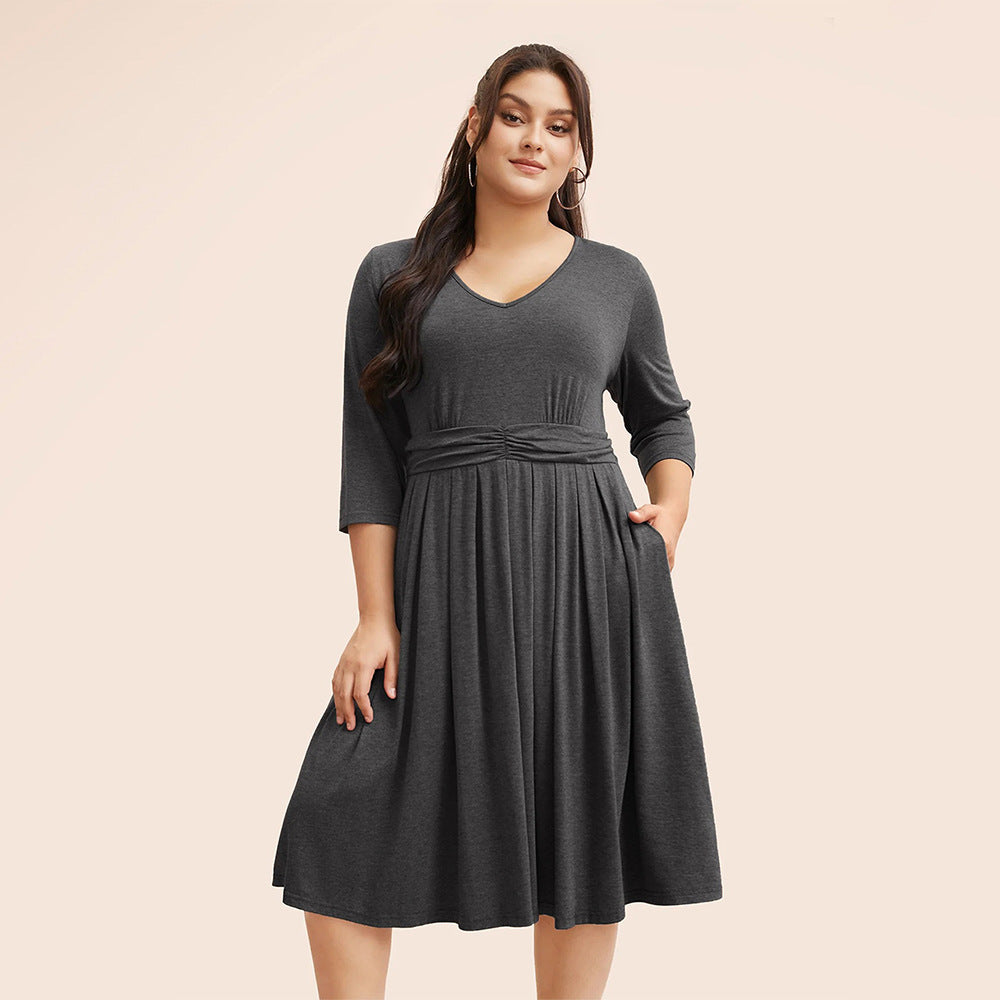 Plus Size Autumn Winter Women Clothes Dress Office Waist Tight Slimming Midi Dress