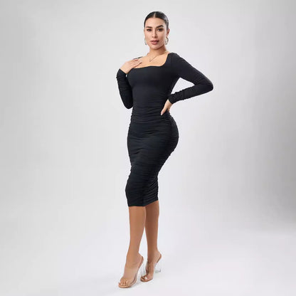 Sexy Stretch Solid Color Square Collar Ruffle Hip Slim Fit Mid Length Dress