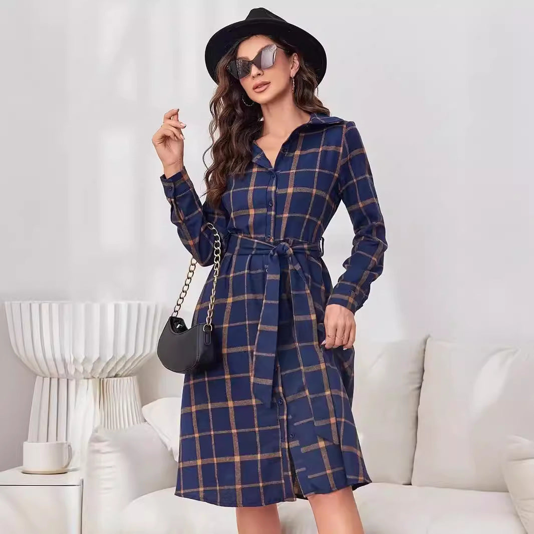 Women Clothing Plaid Collared Long Sleeve Tied Maxi Dress Cardigan Long Shirt Dress