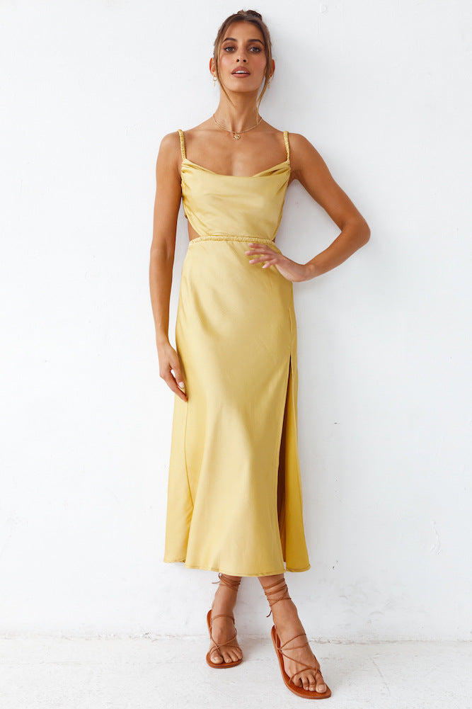 Summer New Backless Office Slit Hemline at Hem Double Strap Dress