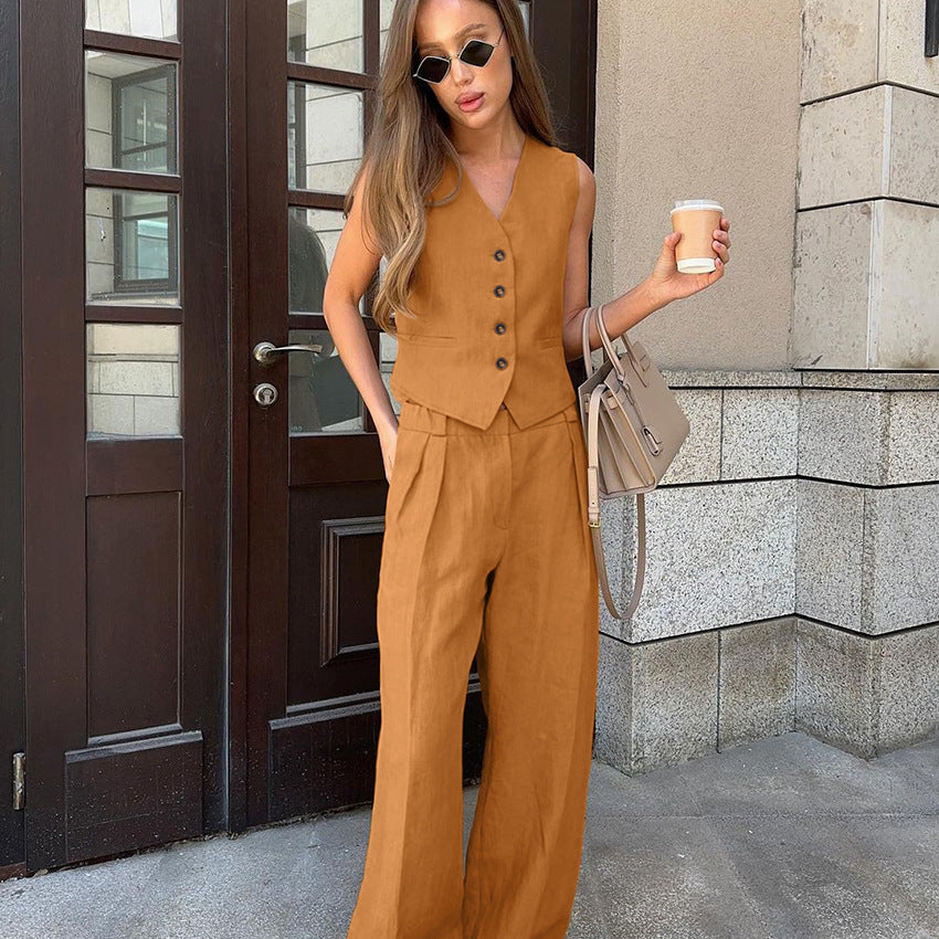 Solid Color Cotton Linen Office V neck Vest Trousers Two Piece Summer All-Matching Casual Set Women