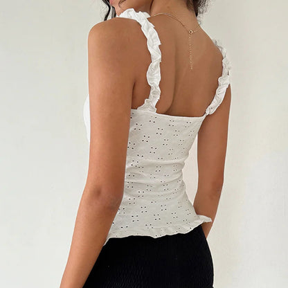 Design Hollow Out Cutout Jacquard Lace Shoulder Strap Vest Pastoral Girly Button Cardigan Waist Trimming Short Top Women Clothing