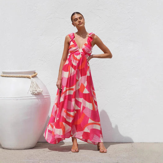 Summer Dress Same Printed V neck Large Swing Strap Dress Women