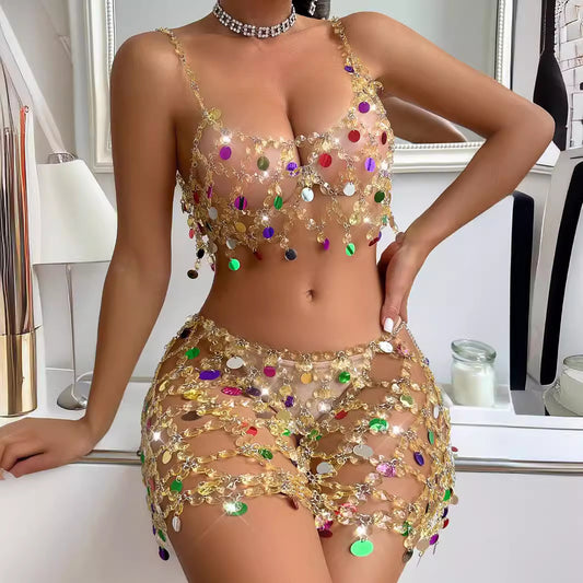 Hollow Out Cutout Rhinestone Body Cha Nightclubs Stage Performance Sexy Sling Color Chain Suit